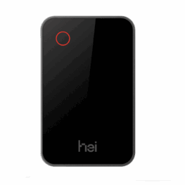 HeiTech Portable Power Bank HeiTech portable power bank with sleek black design and red circle button.